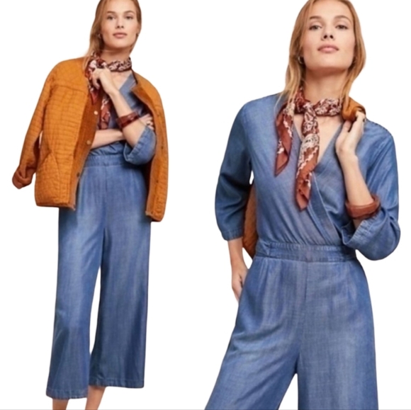 Anthropologie Cloth & Stone  Chambray Wrap Jumpsuit XS Blue Wide Leg Tie Waist - Picture 3 of 16